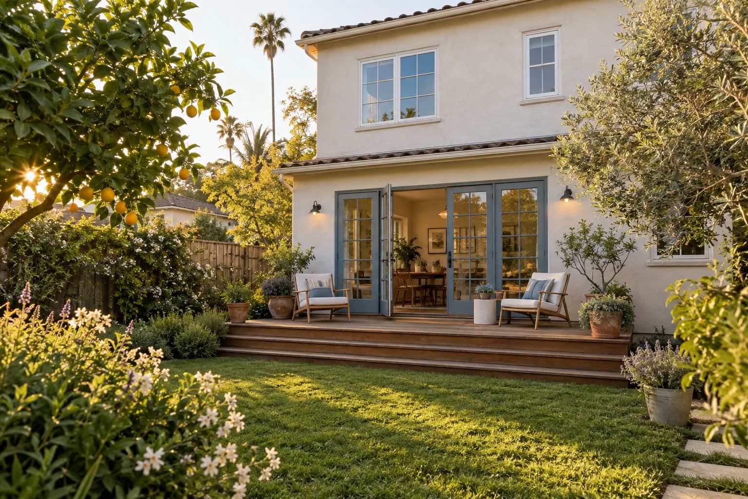 A California home opening onto a leafy back garden and timber deck