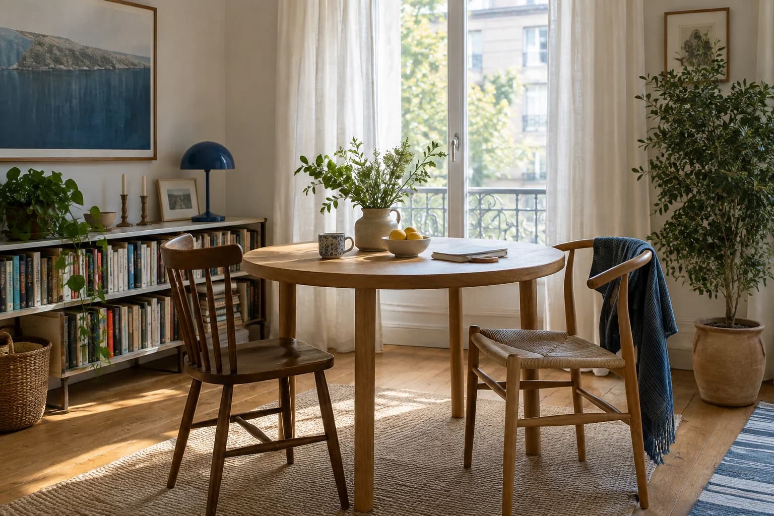A bright apartment dining corner with an oak table and bookshelves